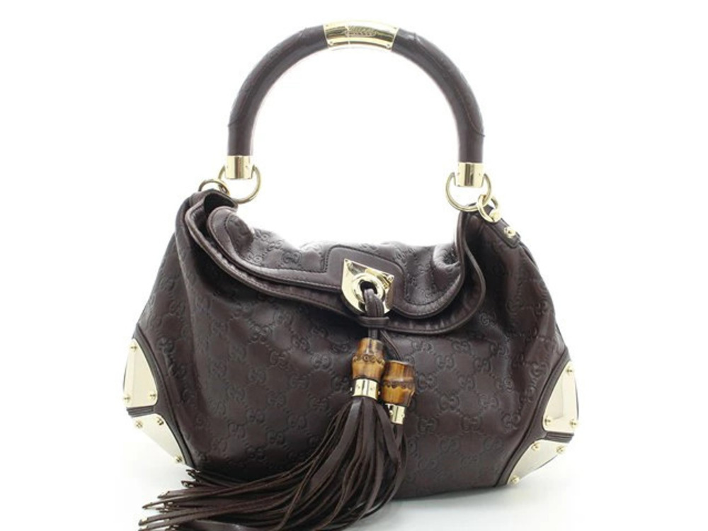 Gucci Indy Bamboo 2way Shoulder Bag Dark Brown Leather Tassel